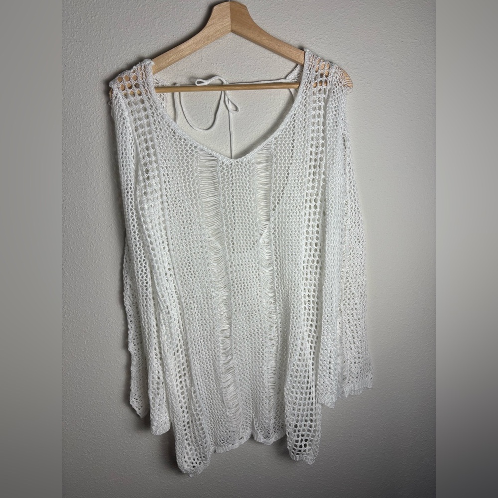 Boho Crochet knit beach mini dress cover-up tunic size L color white